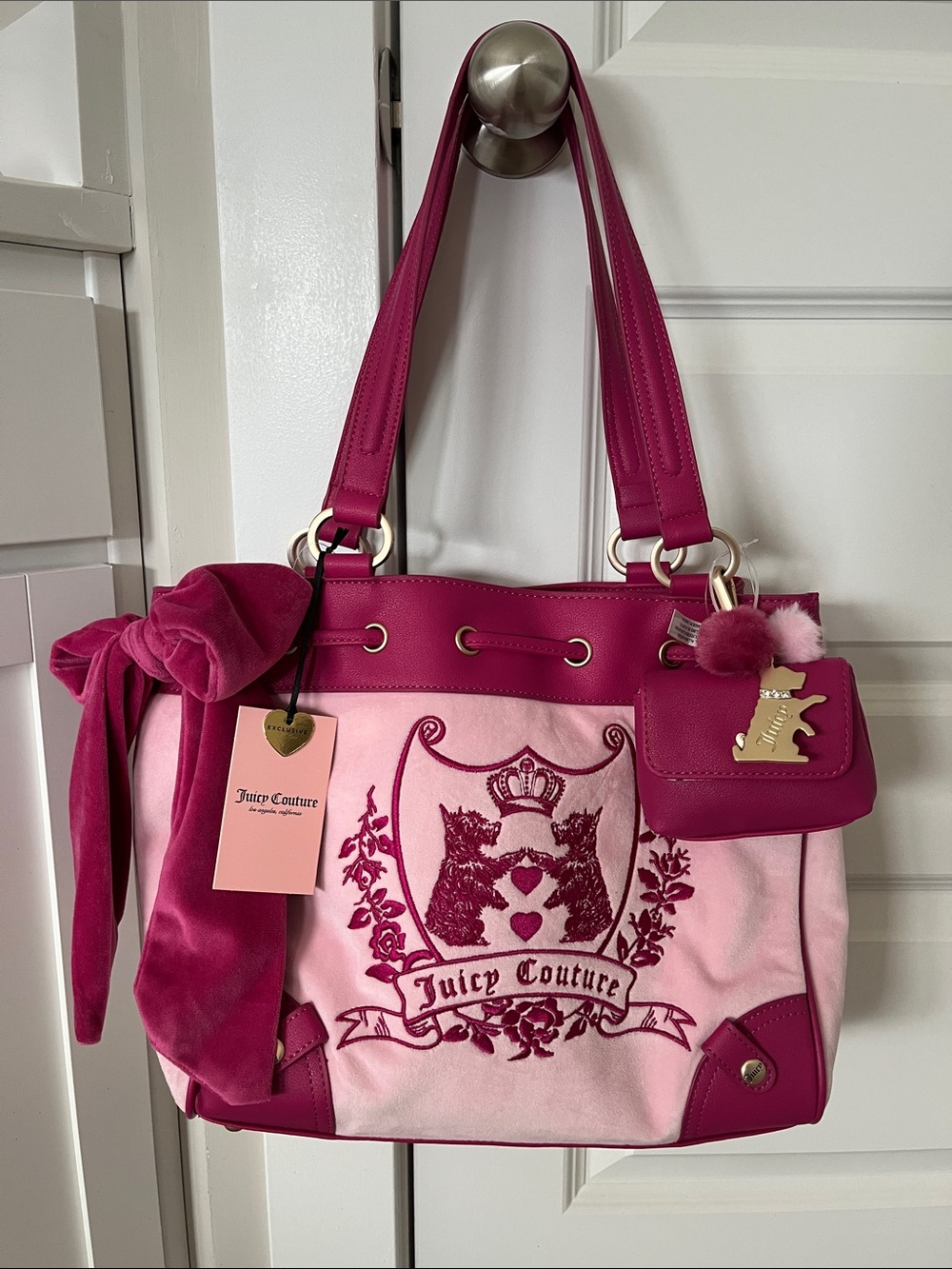 Juicy Couture Fuchsia and Light Pink Embroidered Tote with Pom Charm
